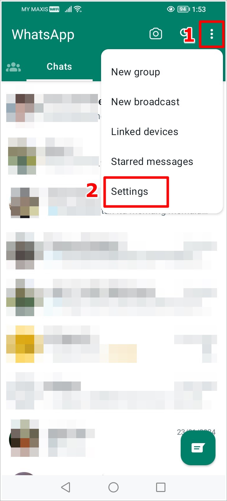 This is a screenshot of WhatsApp's 'Chats' page on an Android phone, where the '3 Dots' menu at the top-right and the 'Settings' option in the menu are highlighted.