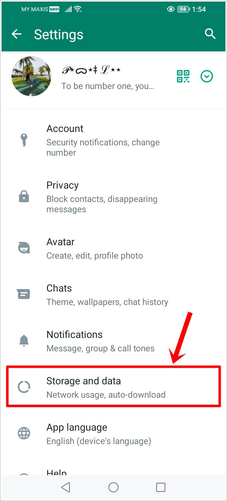 This is a screenshot of WhatsApp's 'Settings' page on an Android phone, with the 'Storage and Data' option highlighted.