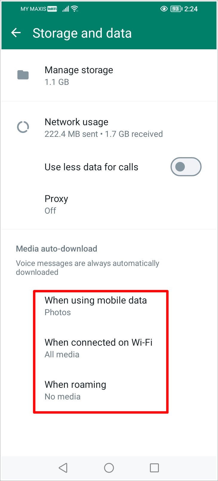 Fix WhatsApp Not Receiving Messages: This is a screenshot of WhatsApp 'Storage and Data' page on an Android phone, with the 'Media Auto-Download' section highlighted.