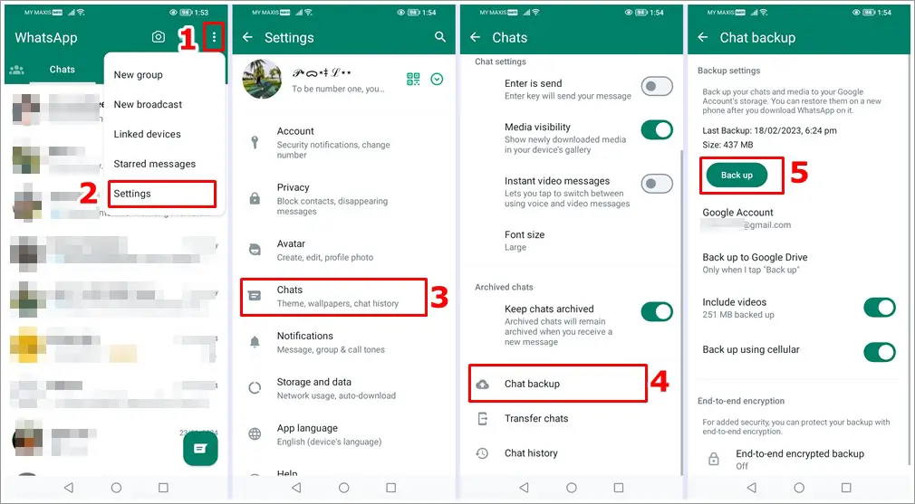 This image combines four screenshots side-by-side, illustrating the step-by-step guide for backing up WhatsApp on a mobile device.