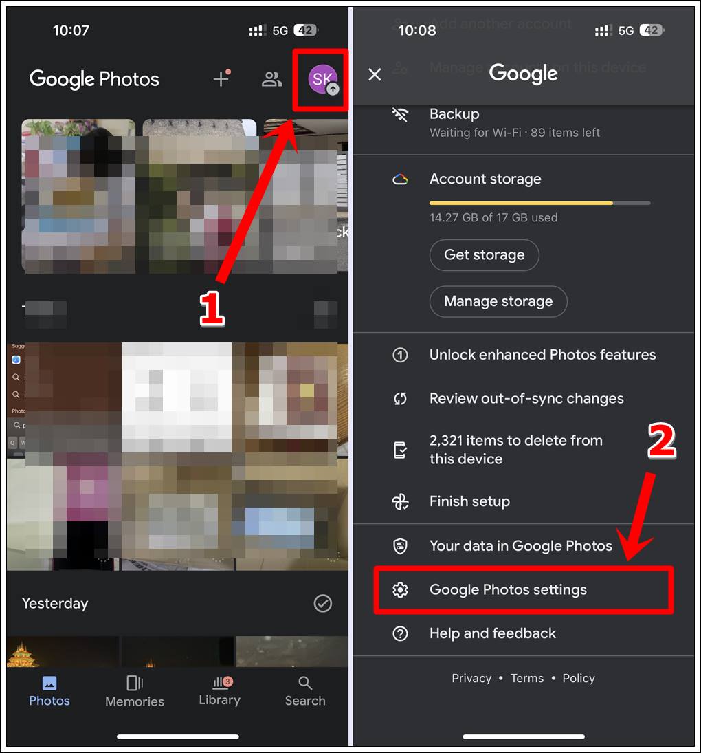 This image consists of 2 screenshots of Google Photos on an iPhone. The first shows the Google Photos home screen with the user's profile picture in the top-right highlighted. The second shows the user's Google account info with the 'Google Photos Settings' option highlighted.