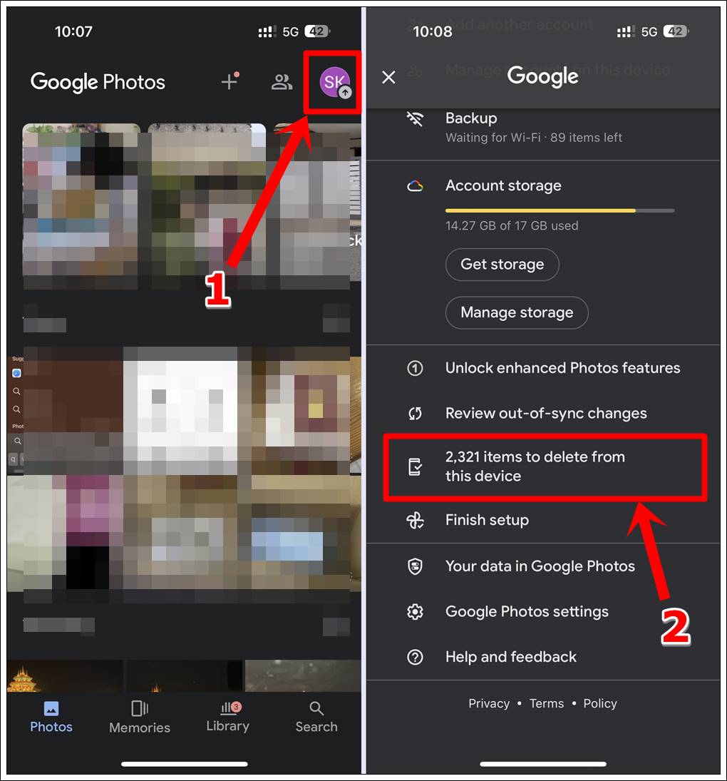 This image consists of 2 screenshots of Google Photos on an iPhone. The first shows the Google Photos home screen with the user's profile picture in the top-right highlighted. The second shows the user's Google account info with the 'Items to Delete from This Device' option highlighted.