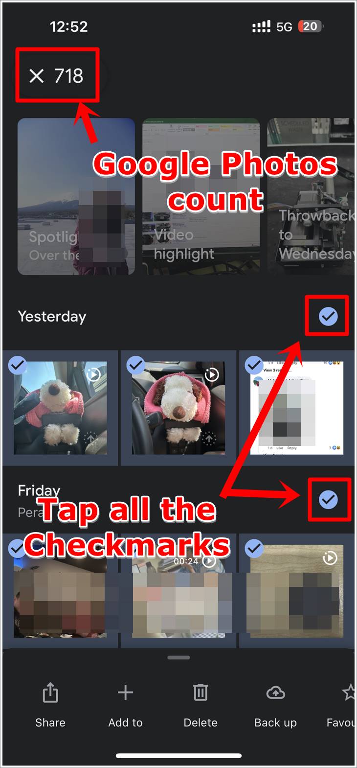 This is a screenshot from an iPhone. It features the Google Photos with all the saved photos and images. All the 'Checkmarks' adjacent to the dates, and the photos count in the top-left are highlighted.