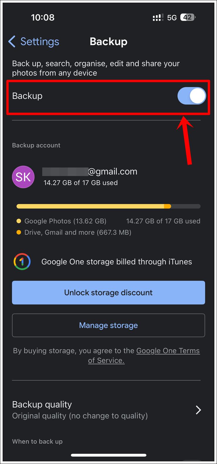 This image shows a screenshot of the Google Photos 'Backup' page on an iPhone. The 'Backup' option with its Toggle On/Off button is highlighted.