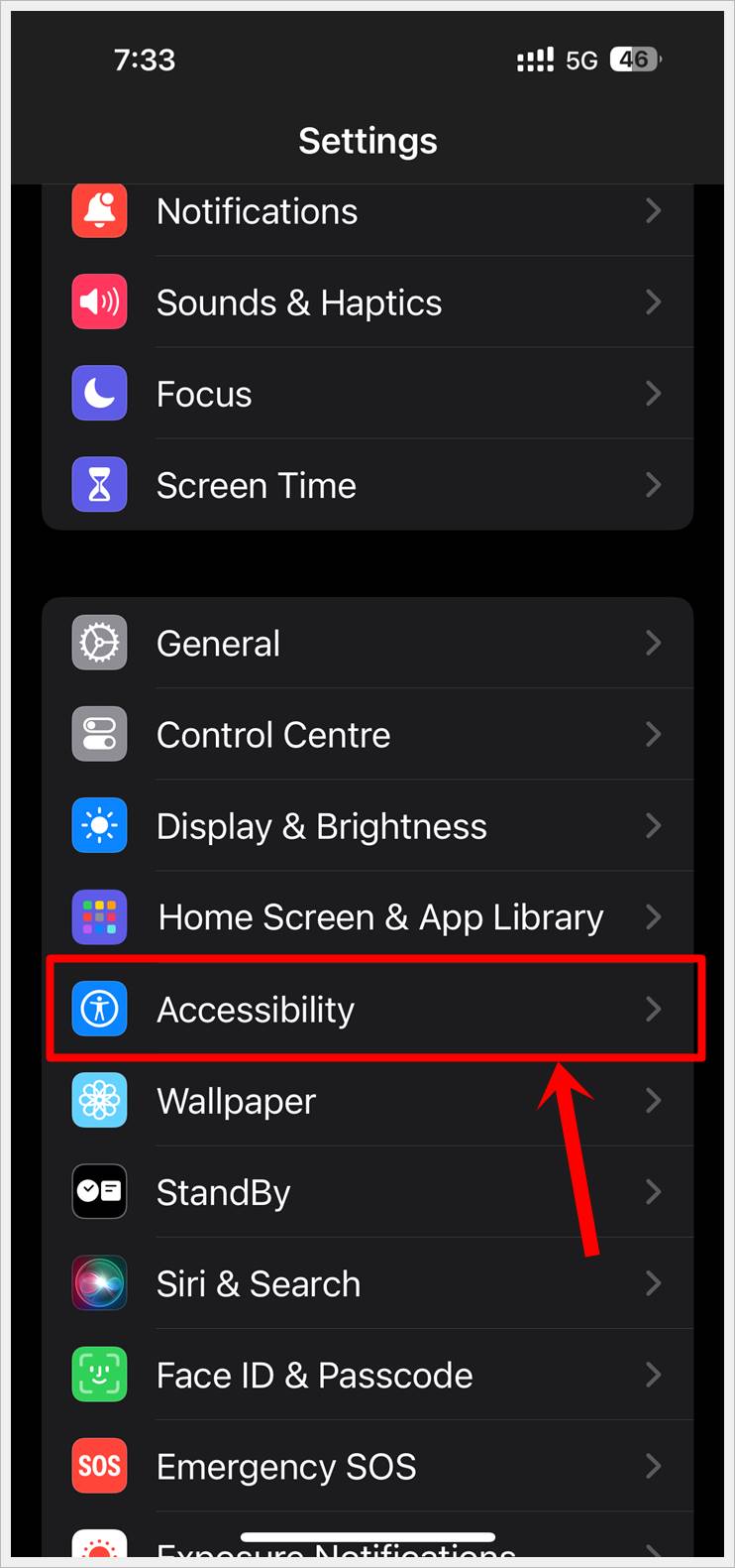 This image shows a screenshot of the 'Settings' page of an iPhone with the 'Accessibility' option highlighted.