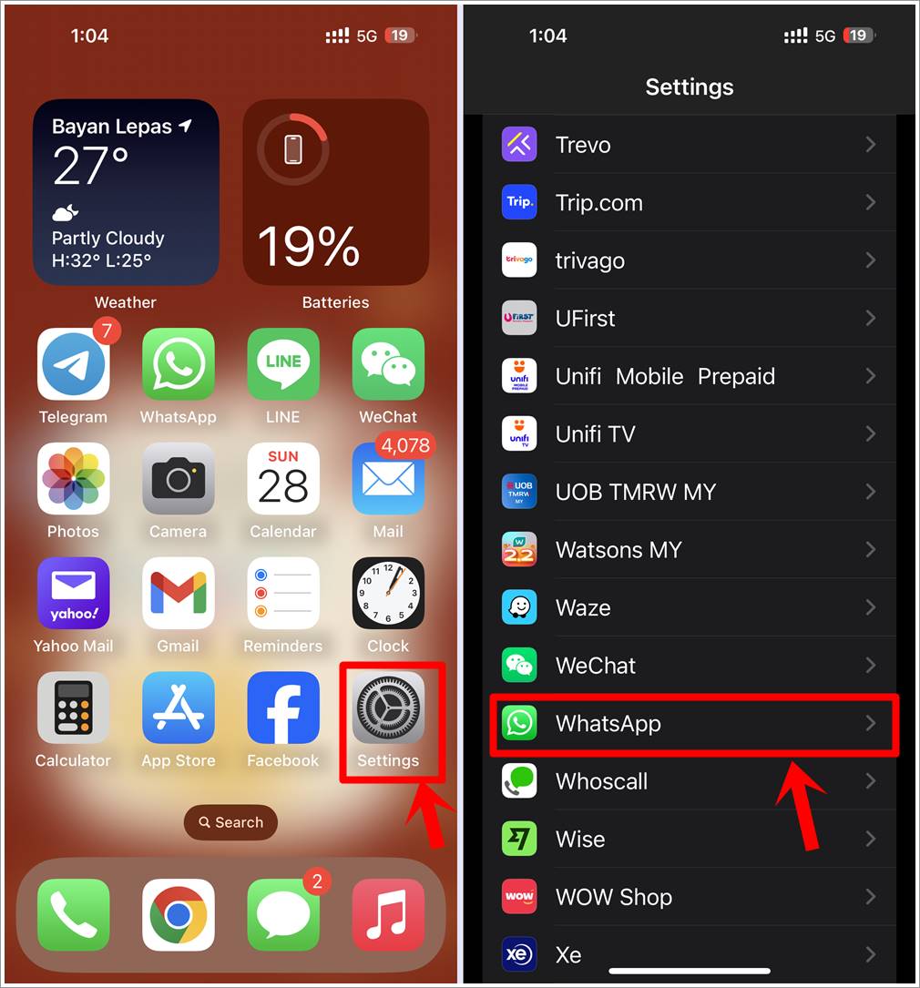 This is an image combining two iPhone screenshots side by side. The first shows the iPhone's home screen with the 'Settings' icon highlighted, and the second features the 'Settings' page with the 'WhatsApp' option highlighted.