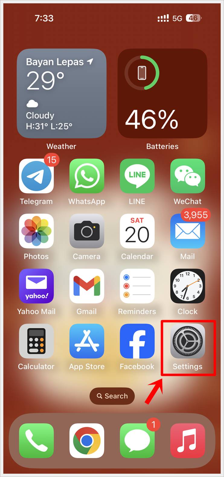 This image shows a screenshot of an iPhone with its 'Settings' icon highlighted.