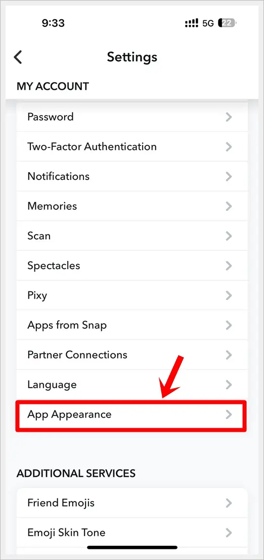 This image shows a screenshot of the Snapchat app settings page on an iPhone. The 'App Appearance' option is highlighted.