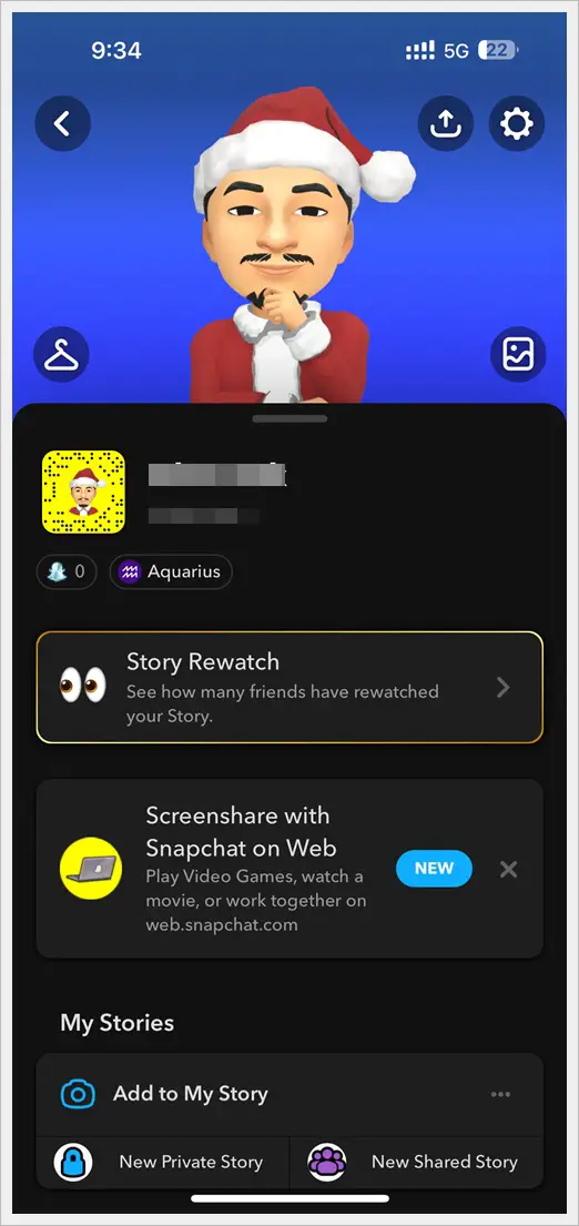 This image shows a screenshot of the Snapchat user profile on an iPhone. It has a dark background indicating dark mode has been activated on Snapchat.