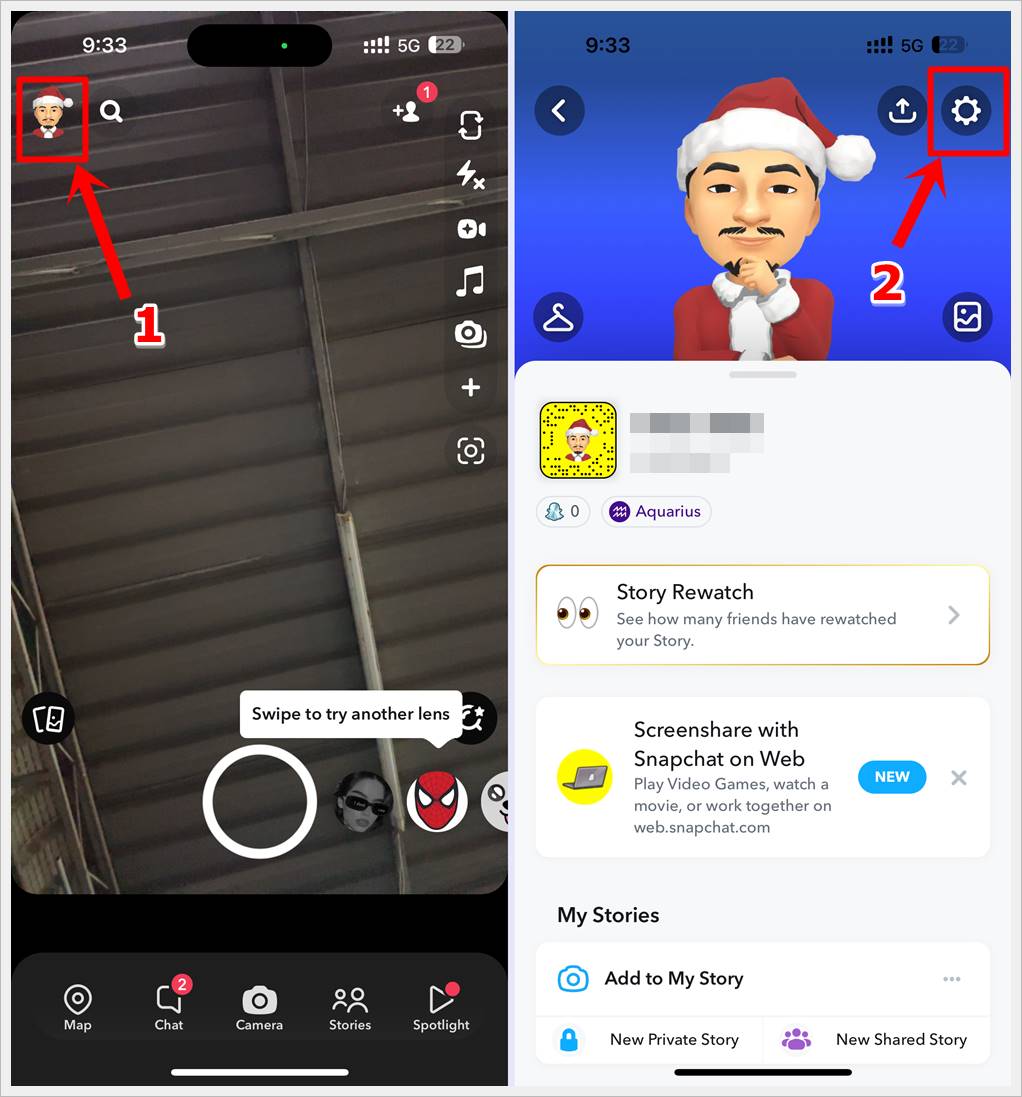 This image shows 2 different screenshots of Snapchat on an iPhone. The first shows the Snapchat camera screen with the profile icon in the top-left highlighted. The second shows the user profile page with the gear icon in the top-right highlighted.