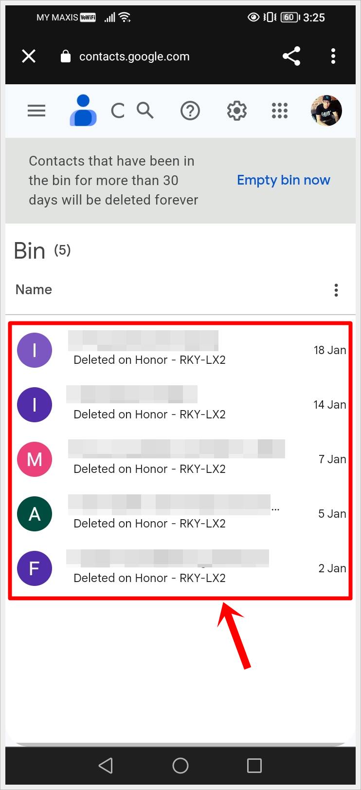 This is a screenshot of the Google Contacts 'Bin' page with a list of recently deleted contacts highlighted.