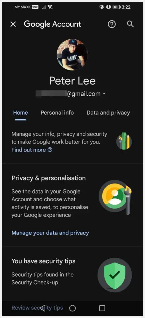 This is a screenshot from an Android phone. It features the user's Google account page.