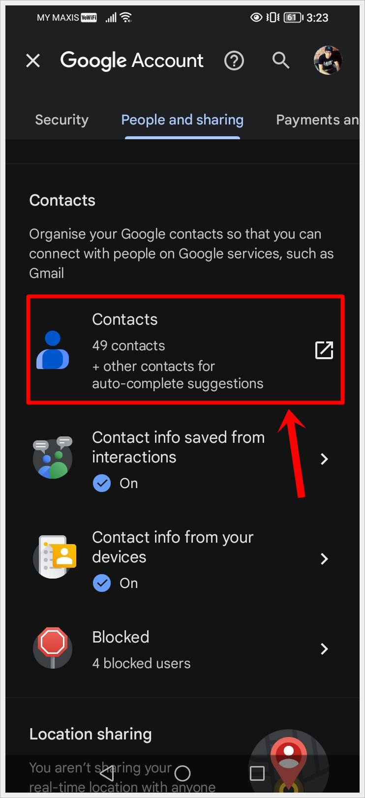 This is a screenshot of the user's Google Account page on an Android phone with the 'Contacts' section highlighted.