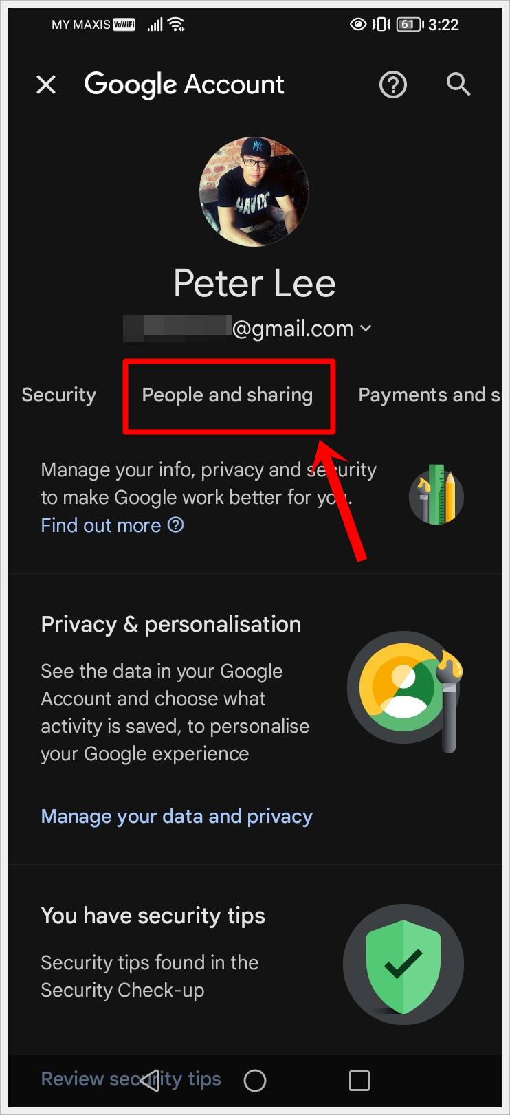 This is a screenshot from an Android phone. It features the user's Google account page with the 'People and Sharing' tab on the menu highlighted.