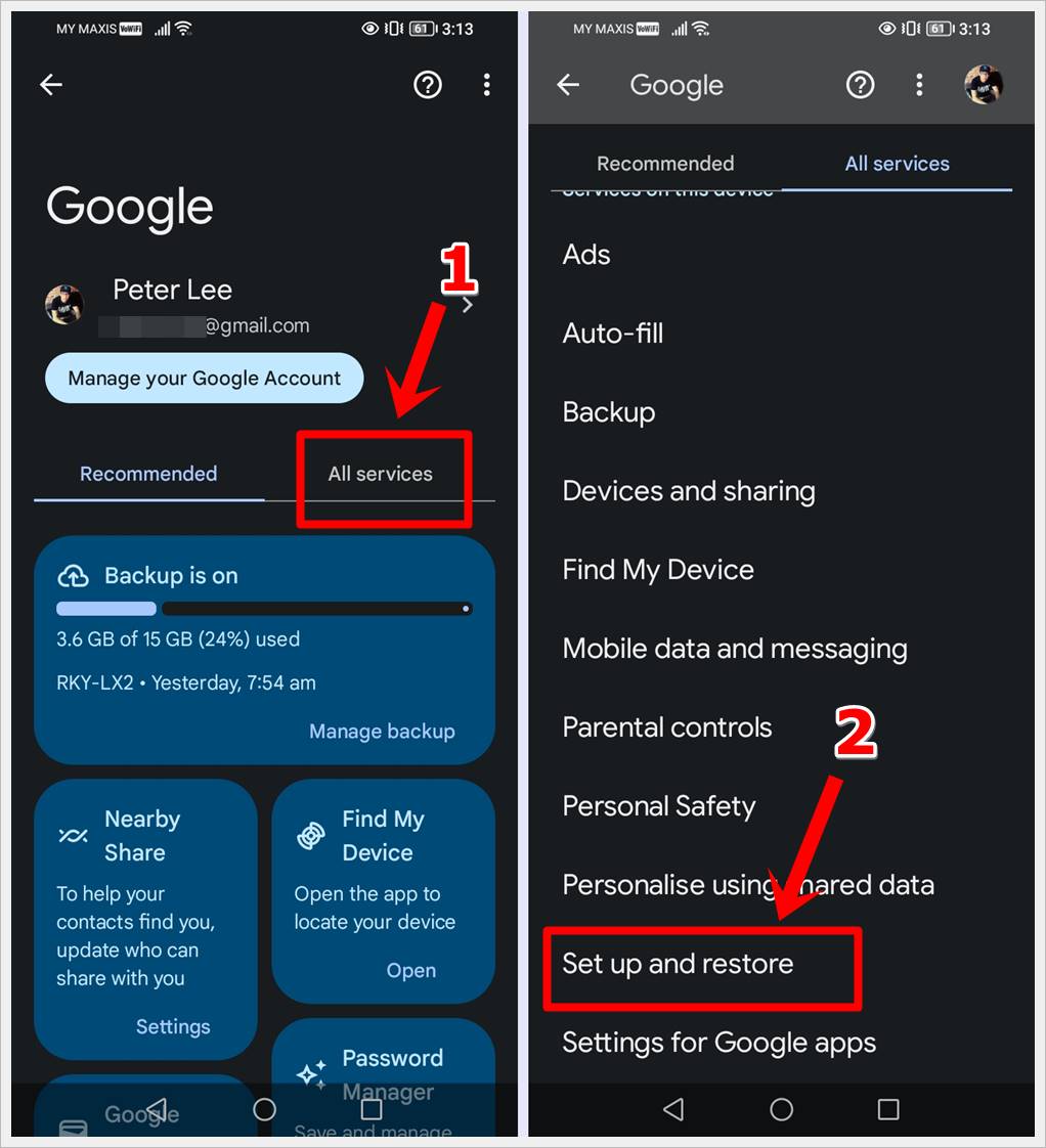 This image contains 2 different screenshots of an Android phone. The first features the Google account page with the 'All Services' tab highlighted. The second features the 'All Services' page with the 'Set Up and Restore' option highlighted.