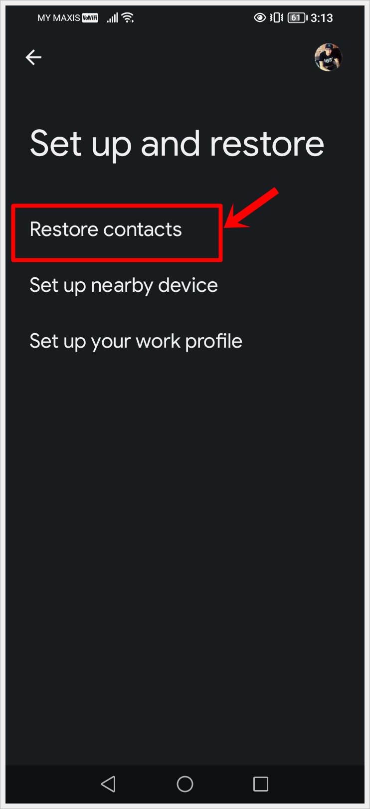 This is a screenshot from an Android phone. It features the Google account's 'Set Up and Restore' page with the 'Restore Contacts' option highlighted.