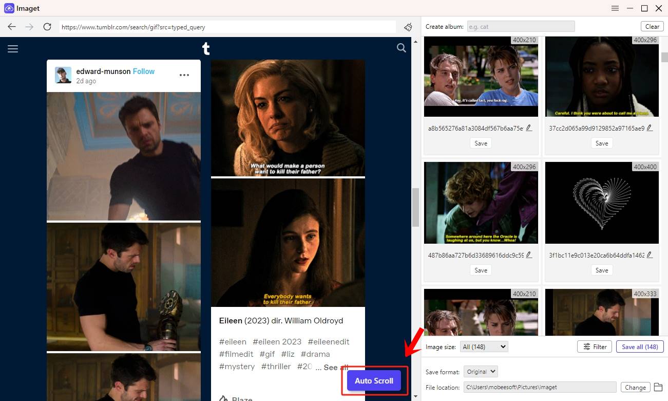 How to Download GIFs & Images in Bulk from Tumblr with Imaget: This is a screenshot of Imaget, with a Tumblr URL being entered into a designated input field at the top, and the 'Auto Scroll' button highlighted.