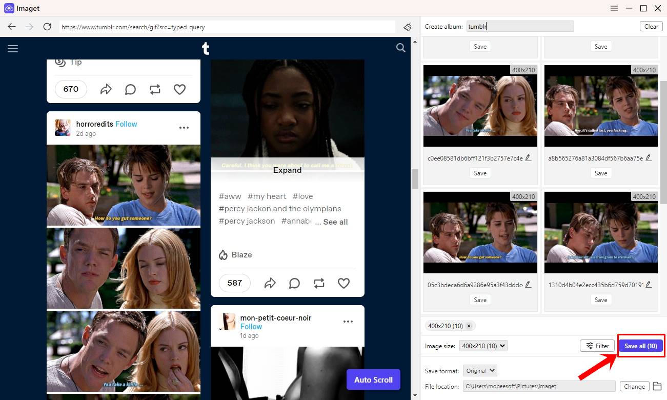 How to Download GIFs & Images in Bulk from Tumblr with Imaget: This image shows a screenshot of the Imaget interface, with the 'Save All' button highlighted.