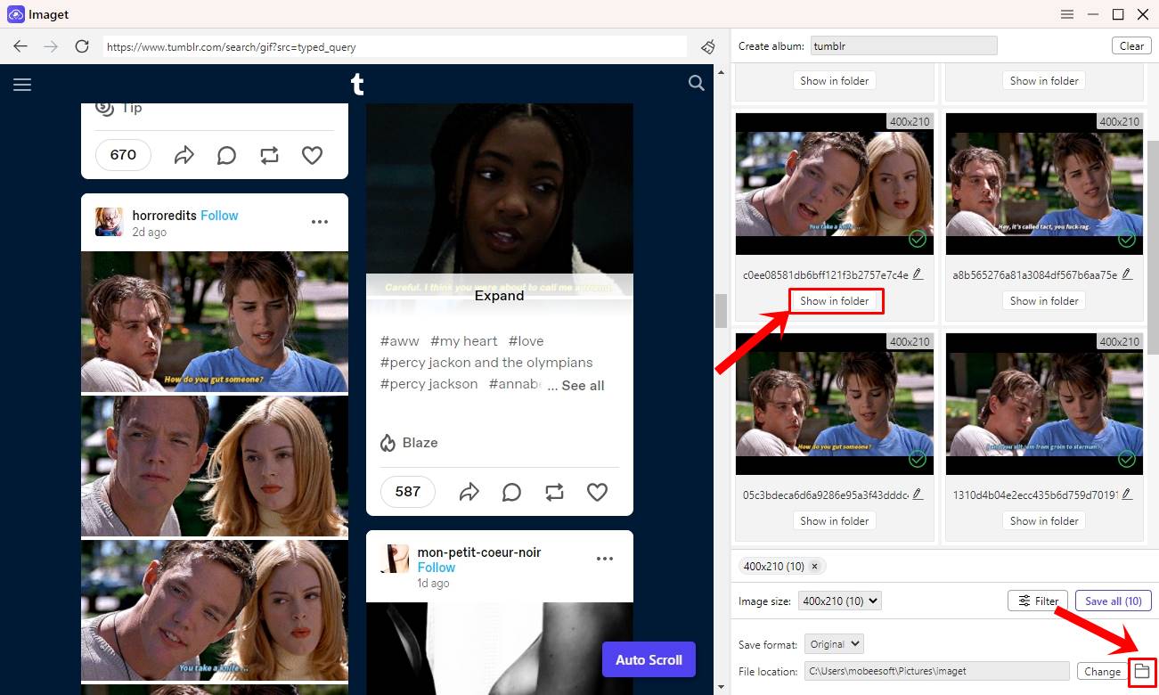 How to Download GIFs & Images in Bulk from Tumblr with Imaget: This image shows a screenshot of the Imaget interface, with the 'Show in folder' button and the 'Open folder' icon highlighted.