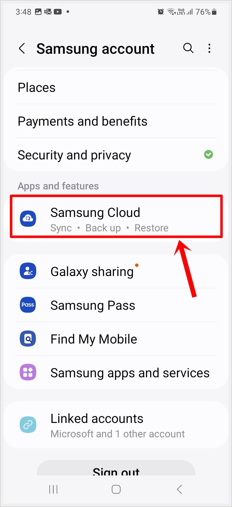 This is a screenshot taken from a Samsung Galaxy phone. It features the 'Samsung Account' page, with the 'Samsung Cloud' option highlighted.