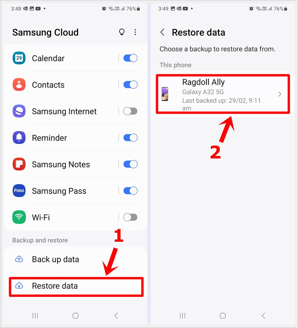 This image consists of 2 screenshots of a Samsung Galaxy phone. The first features the 'Samsung Cloud' page, with the 'Restore Data' option highlighted. The second features the 'Restore Data' page, with the device name highlighted.