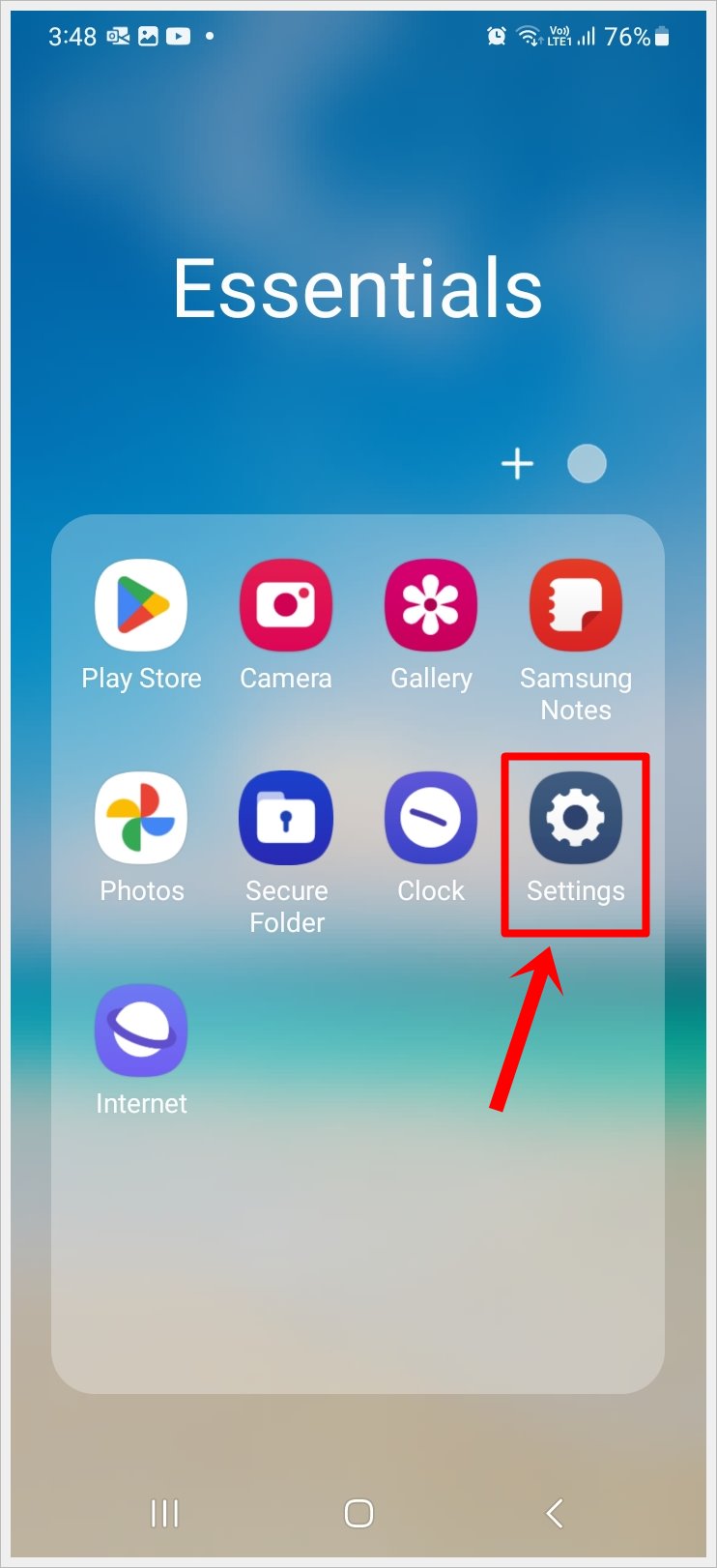 This is a screenshot from a Samsung Galaxy phone with the 'Settings' app icon highlighted.