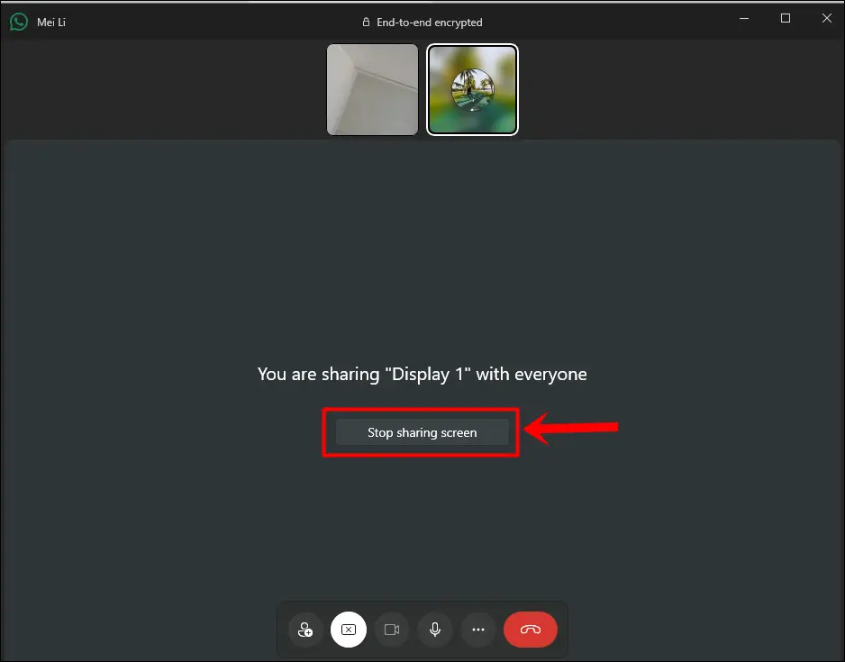 This is a screenshot of a WhatsApp video call on a Windows PC, with screen sharing activated. The 'Stop Sharing' button is highlighted, indicating that you should click it if you want to end screen sharing.