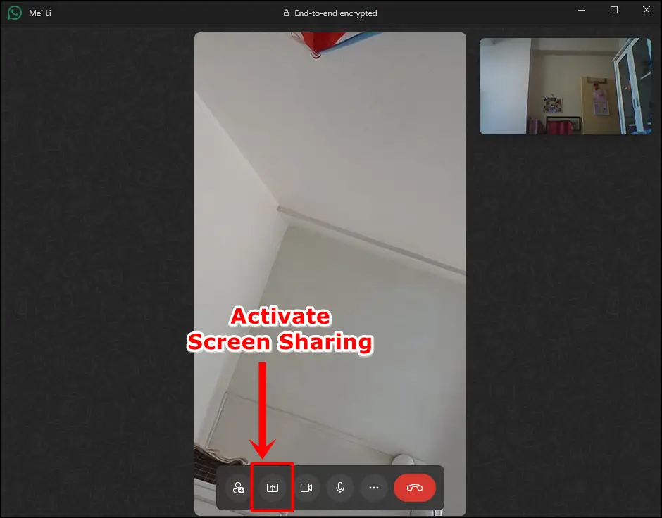 This is a screenshot of a WhatsApp video call on a Windows PC, with the 'Screen Sharing' icon highlighted.
