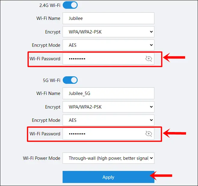 How to Reset Wi-Fi Password: This image is a screenshot of a router's 'My Wi-Fi' or wireless settings page, with the 'Wi-Fi Password' fields for both 2.4 GHz and 5 GHz Wi-Fi highlighted, indicating where to change the Wi-Fi password. The 'Apply' button at the bottom is also highlighted to show how to save these changes.