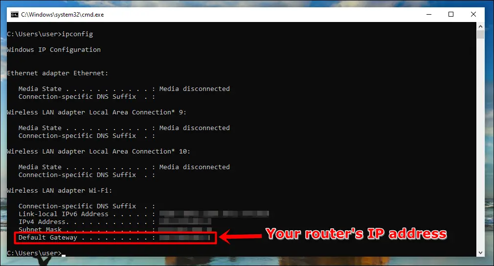 How to Reset Wi-Fi Password: This image shows a screenshot of the Windows IP Configuration on a Windows PC. The 'Default Gateway' has been highlighted to indicate it is the IP address of the gateway device the PC uses for network access.