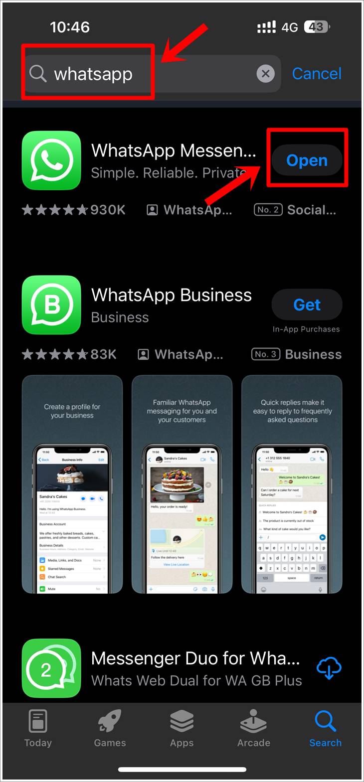 Fix WhatsApp Not Receiving Messages: This screenshot shows the 'App Store' search result for 'WhatsApp' on an iPhone. The keyword 'WhatsApp' is highlighted in the search bar, and the 'Update' button next to the WhatsApp app is also highlighted.