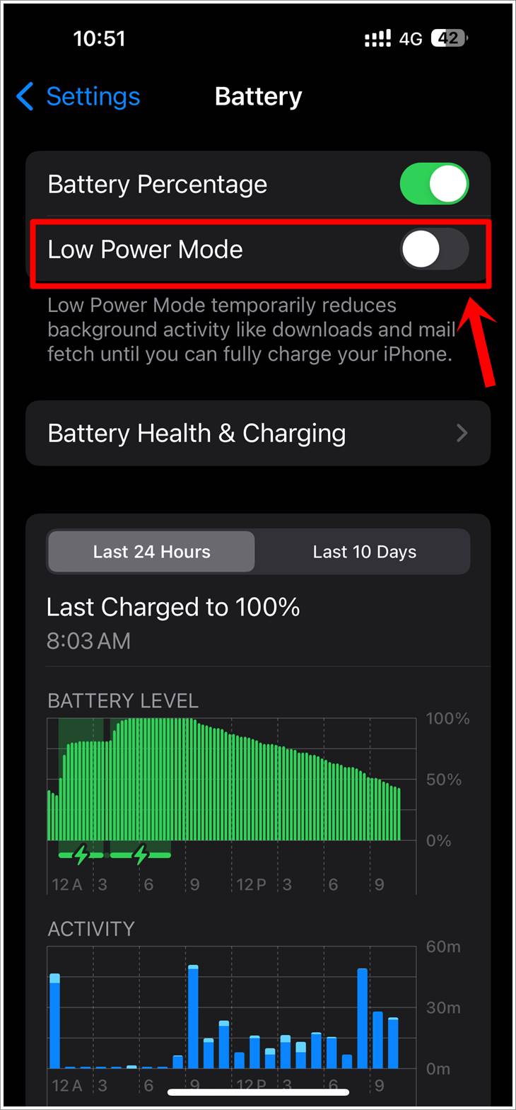 Fix WhatsApp Not Receiving Messages: This is a screenshot of the 'Battery' page of an iPhone. The 'Low Power Mode' option is toggled off and highlighted.