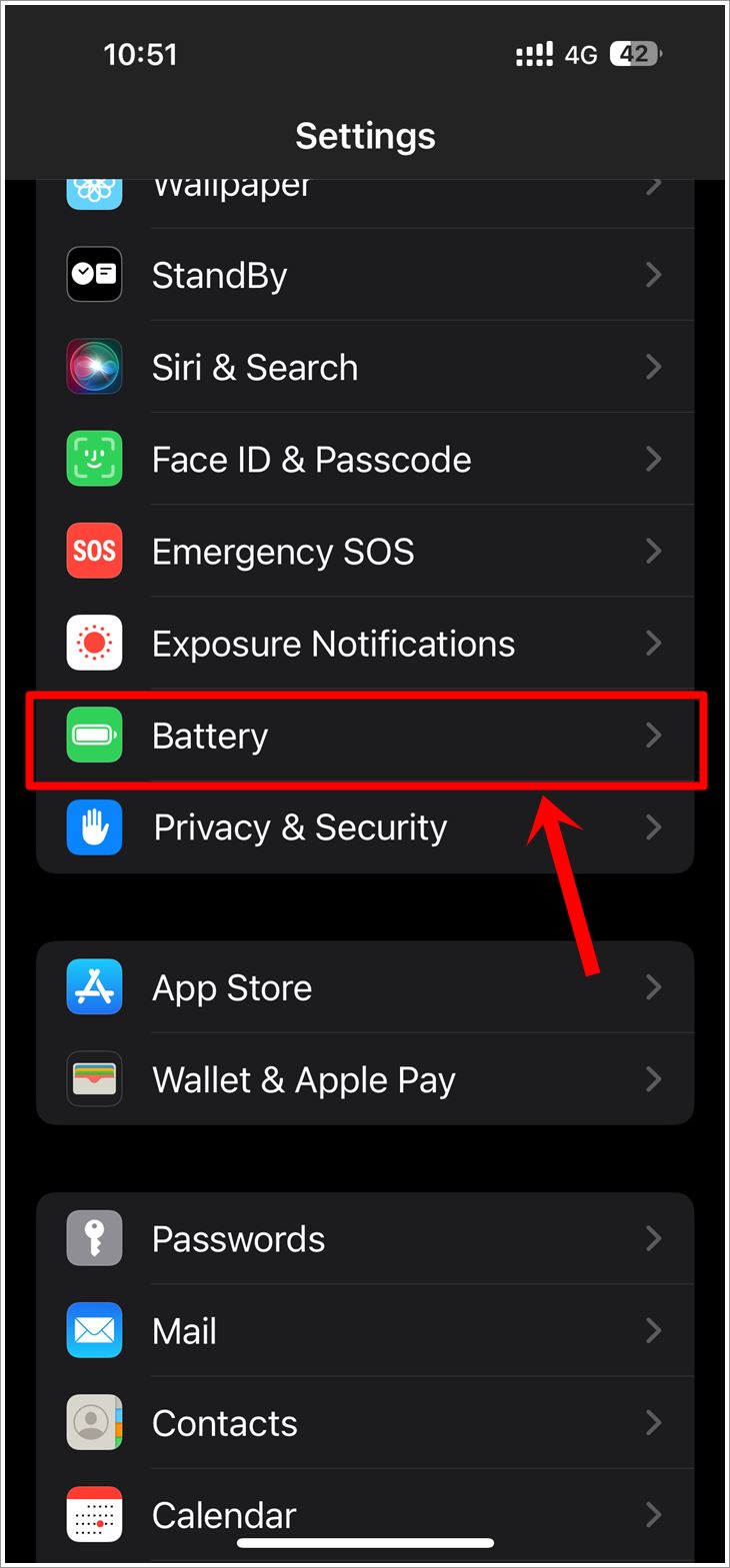 This is a screenshot of an iPhone 'Settings' page with the 'Battery' option highlighted.
