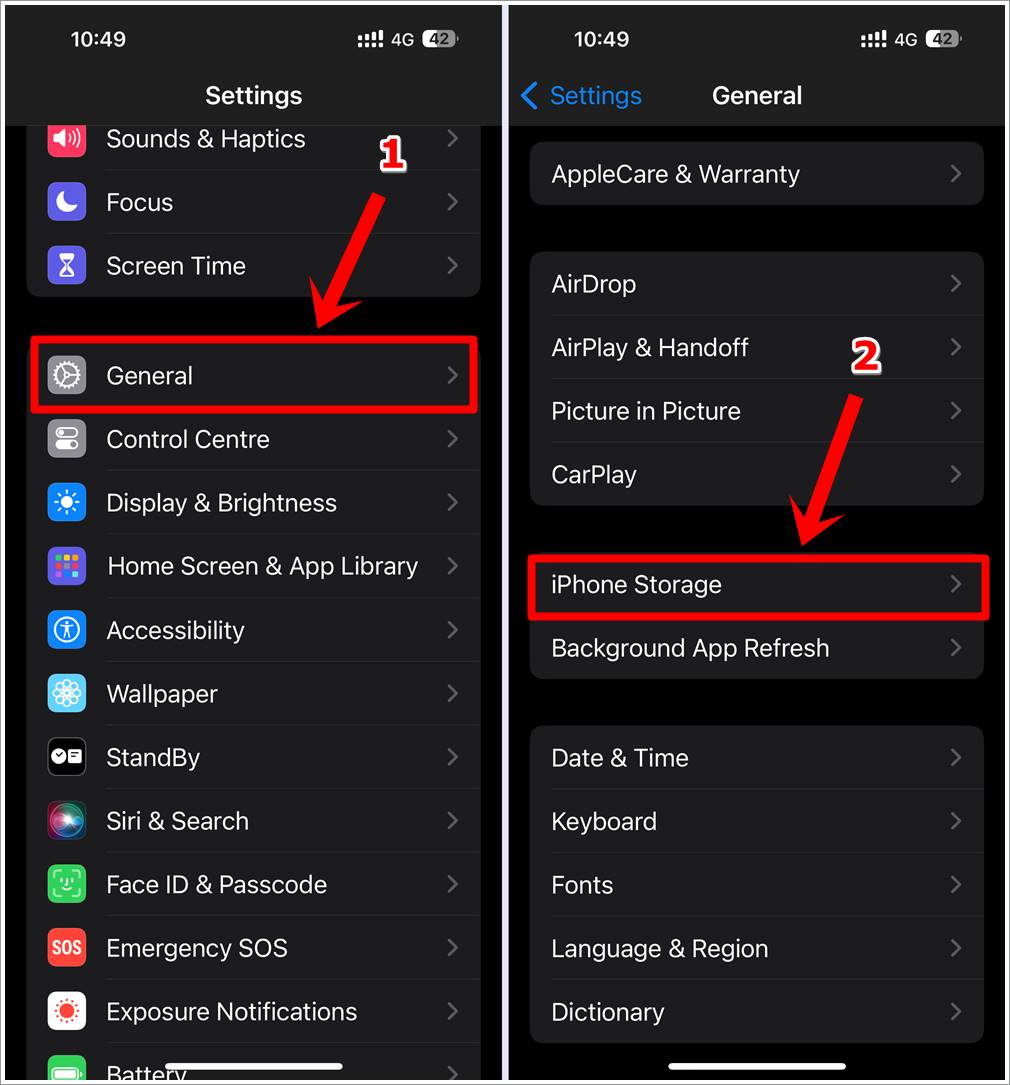 This image shows 2 different iPhone screenshots combined side-by-side. The first features the iPhone 'Settings' page with the 'General' option highlighted. The second features the 'General' page with the 'iPhone Storage' option highlighted.