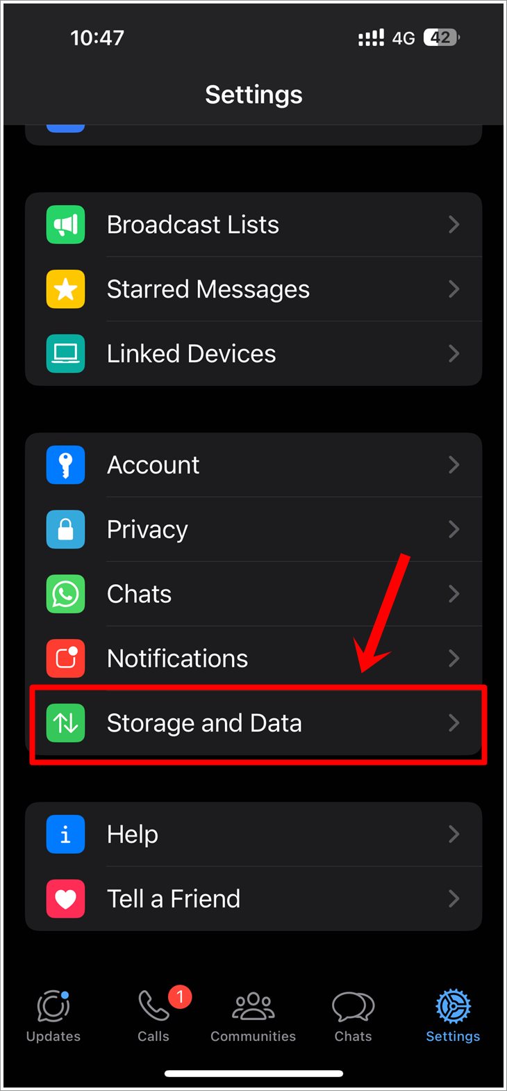 This is a screenshot of WhatsApp's 'Settings' page on an iPhone, with the 'Storage and Data' option highlighted.