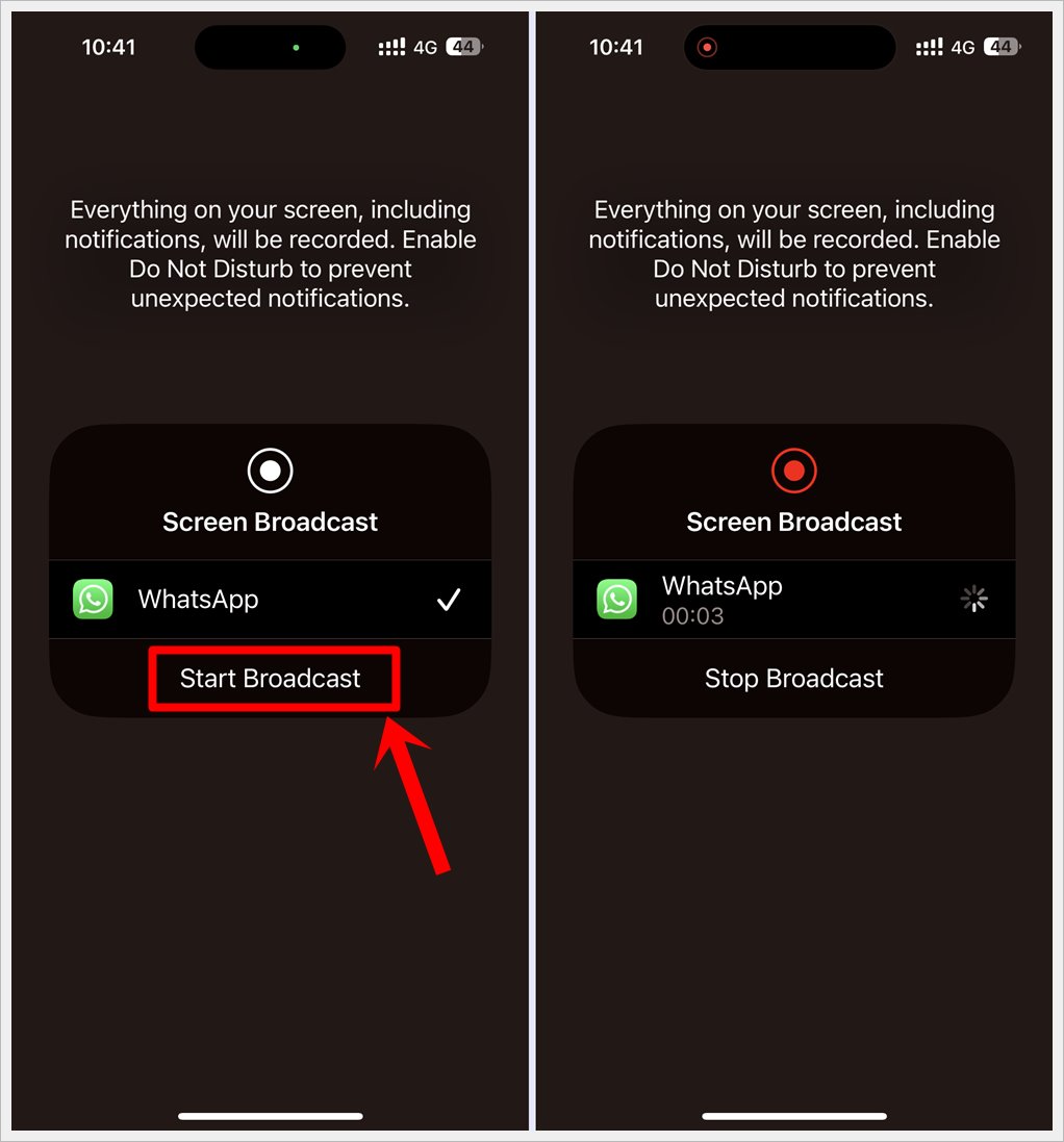 This image displays a screenshot of a WhatsApp video call on an iPhone, where the 'Screen Broadcast' dialog box is visible and the 'Start Broadcast' option is highlighted.
