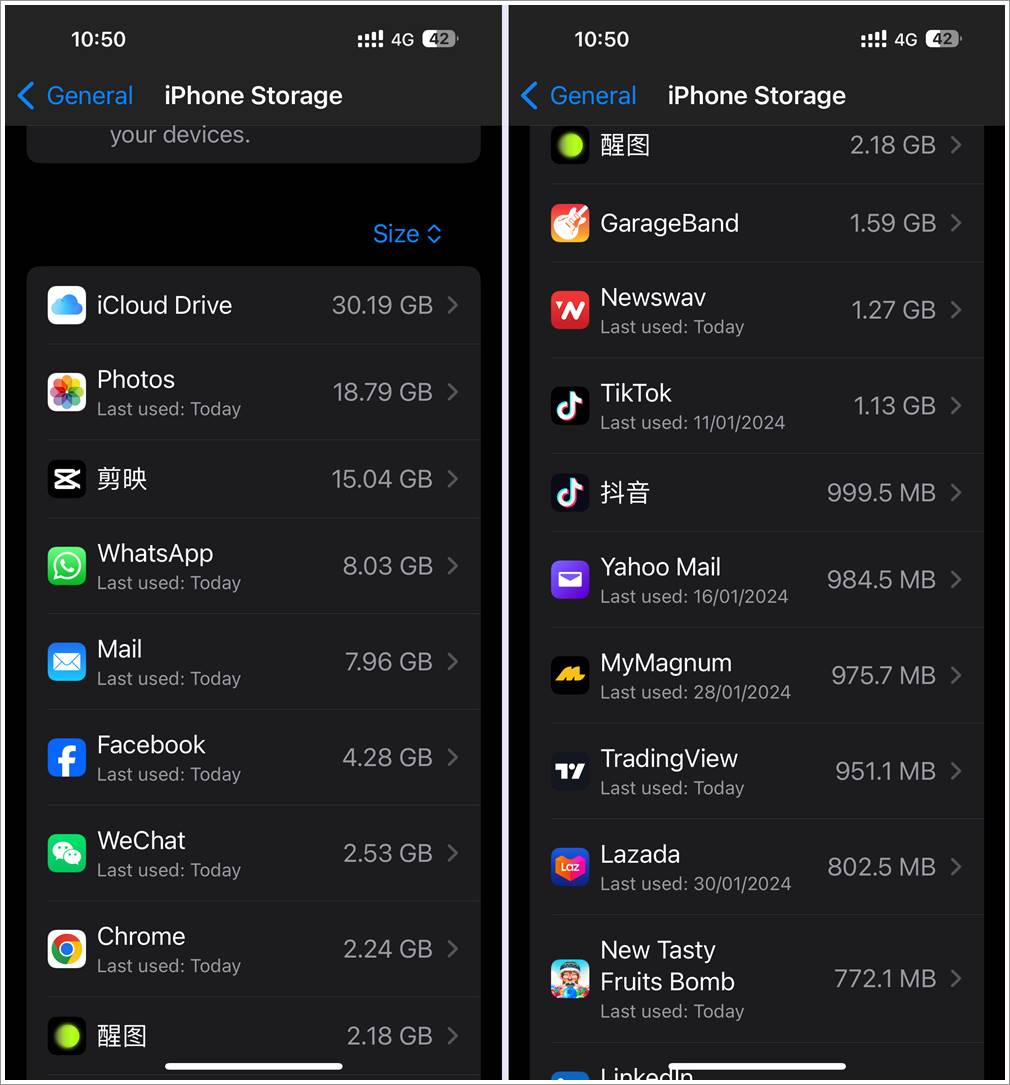 Fix WhatsApp Not Receiving Messages: This screenshot displays all the apps installed and stored in iPhone Storage. Users can select any unused apps to remove and free up space.