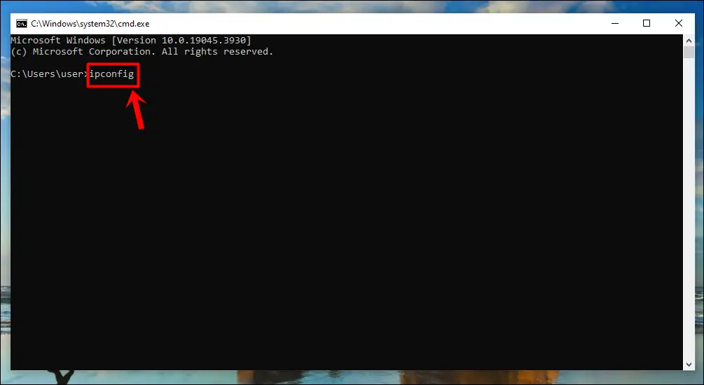 This image shows the Windows command prompt. 'ipconfig' has been entered and highlighted.