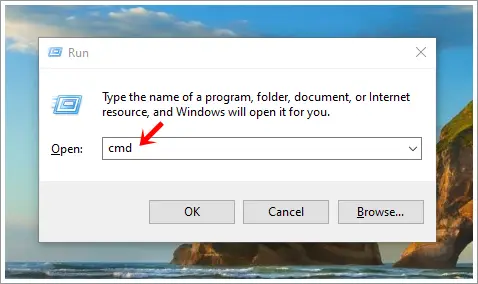 This image shows the 'Run' dialog box on a Windows PC. 'cmd' has been entered in the designated column to open the command prompt.