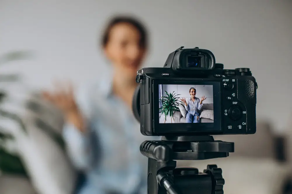 This photo depicts a young woman blogger recording video content using a camera.