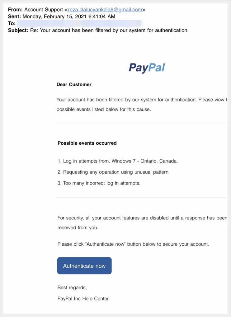 This screenshot shows a fake PayPal email, issuing an urgent warning that the account has been disabled and awaits the user's response. It includes a button designed to lure the user into clicking for authentication.