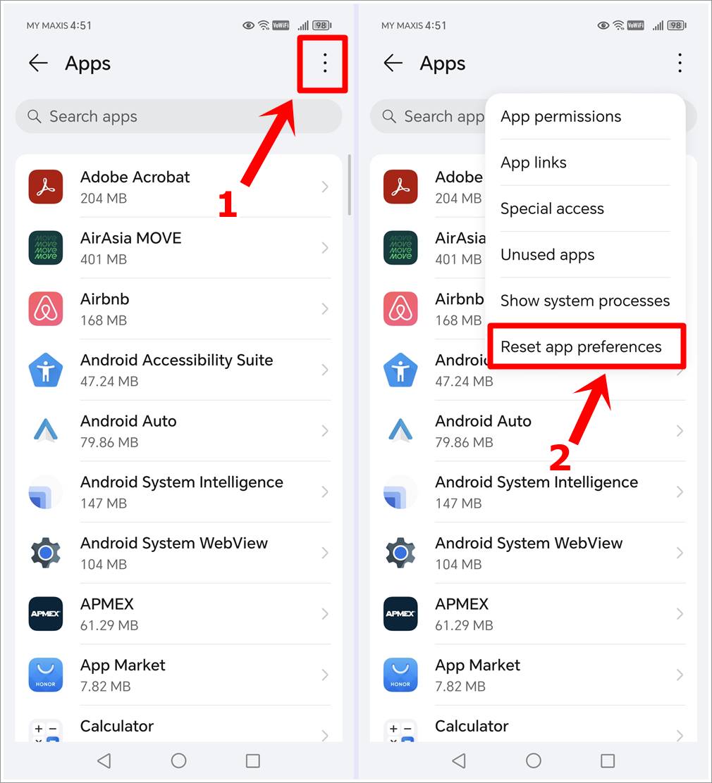 This image shows screenshots from an Android phone. It features the steps to find the 'Reset App Preferences' by highlighting the 3-Vertical-Dots in the top-right of the 'Apps' page, followed by highlighting the 'Reset App Preferences' option.