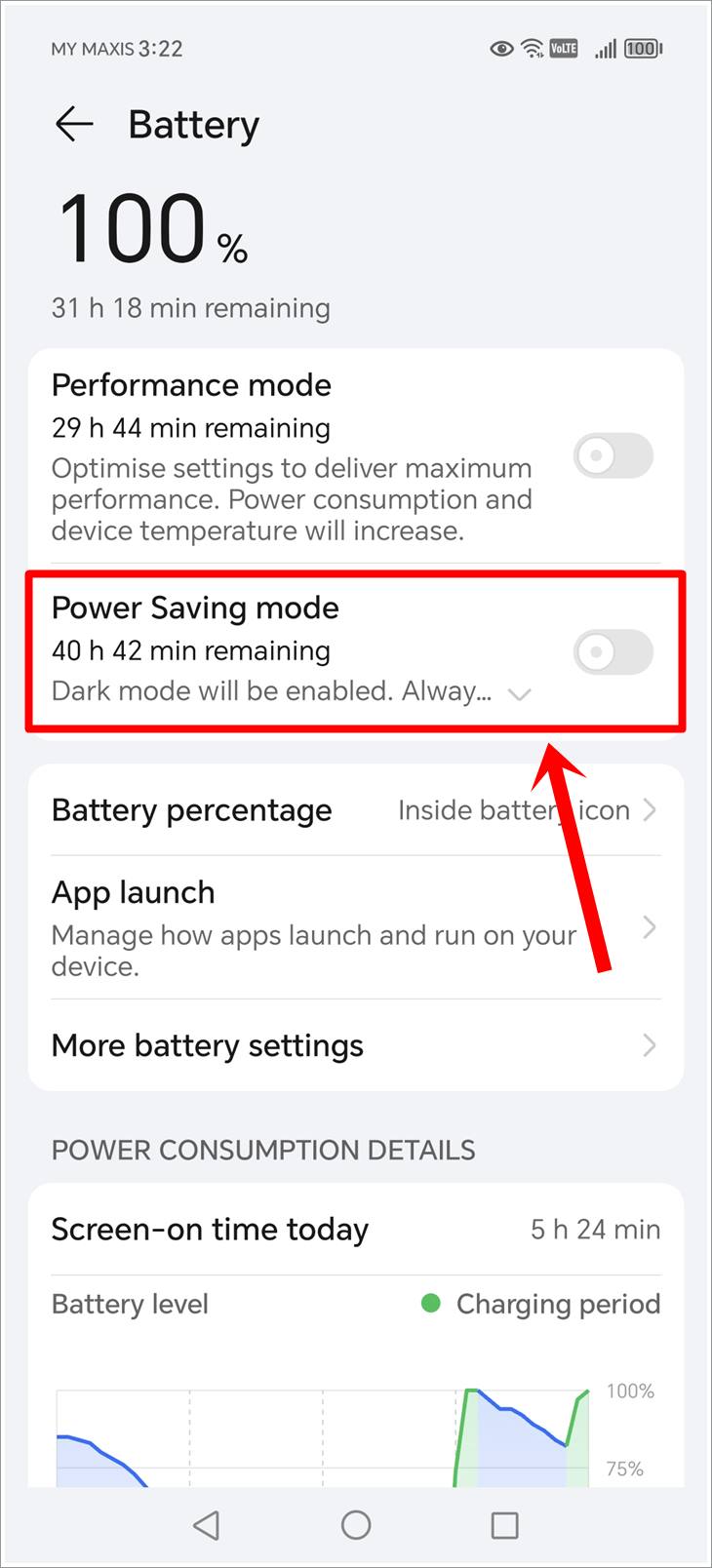 Fix Facebook Messenger 'waiting for network' error: This is a screenshot of an Android phone's 'Battery' page, with the 'Power Saving Mode' toggled off and highlighted.