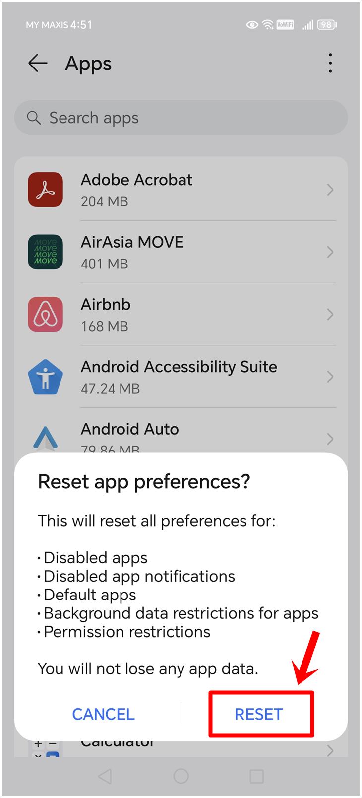 How to fix Messenger 'Waiting for Network' error: This is a screenshot of the Apps page on an Android phone. The 'Reset App Preferences' alert pop up asking for the reset confirmation. The 'Reset' button has been highlighted.