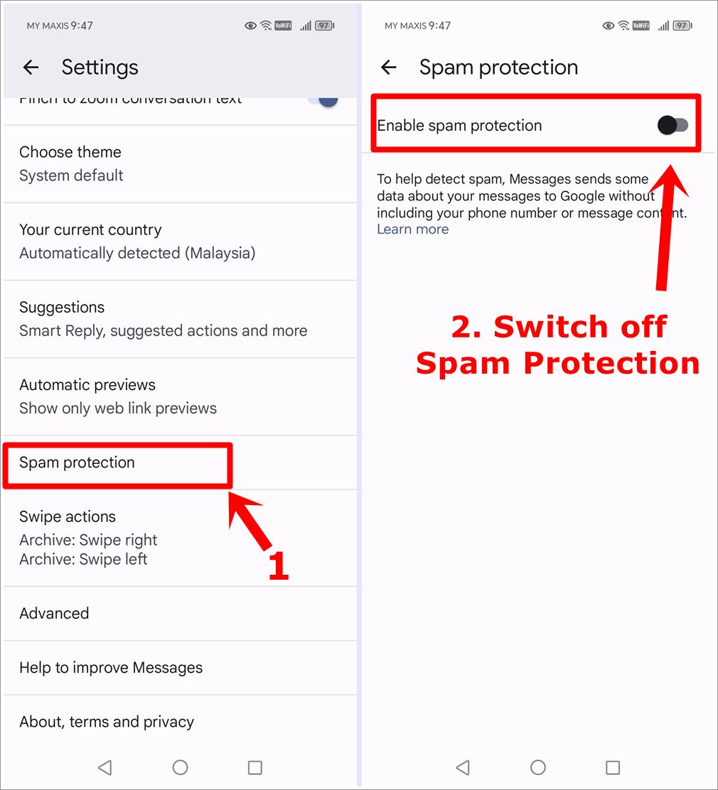 How to Fix Not Receiving Verification Codes Issue on Android and HONOR Phones: This image showcases two screenshots from an Android phone. The first displays the 'Google Messages' Settings screen with the 'Spam Protection' option highlighted. The second shows the 'Spam Protection' page with the 'Enable Spam Protection' feature turned off and highlighted.