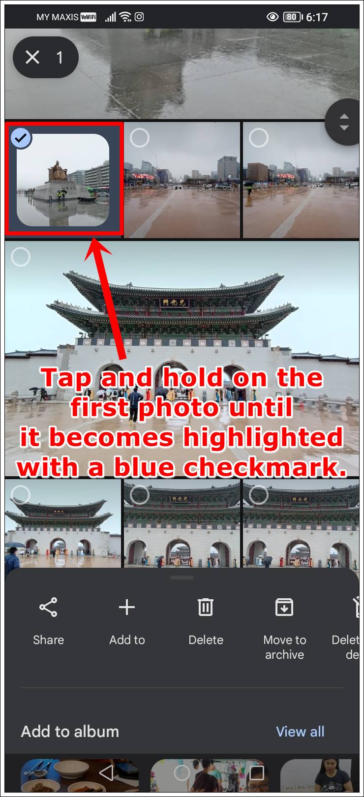 This is a screenshot of the Google Photos on a mobile device. A random photo has been selected and highlighted as the first photo.