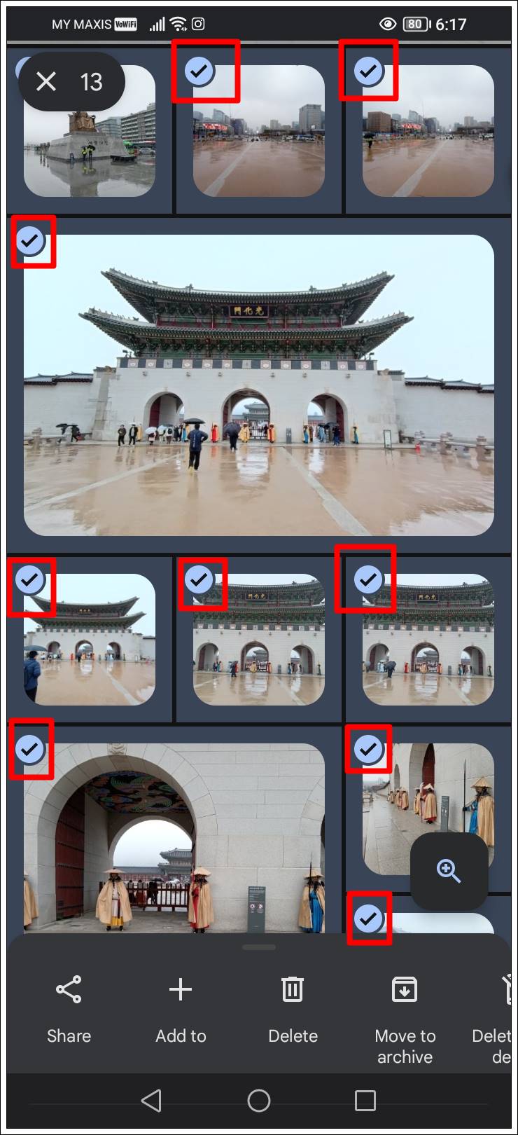 This is a screenshot of Google Photos on a mobile device. It demonstrates how additional photos can be selected by not lifting your finger after selecting the first one and dragging down to include those photos in the selection.