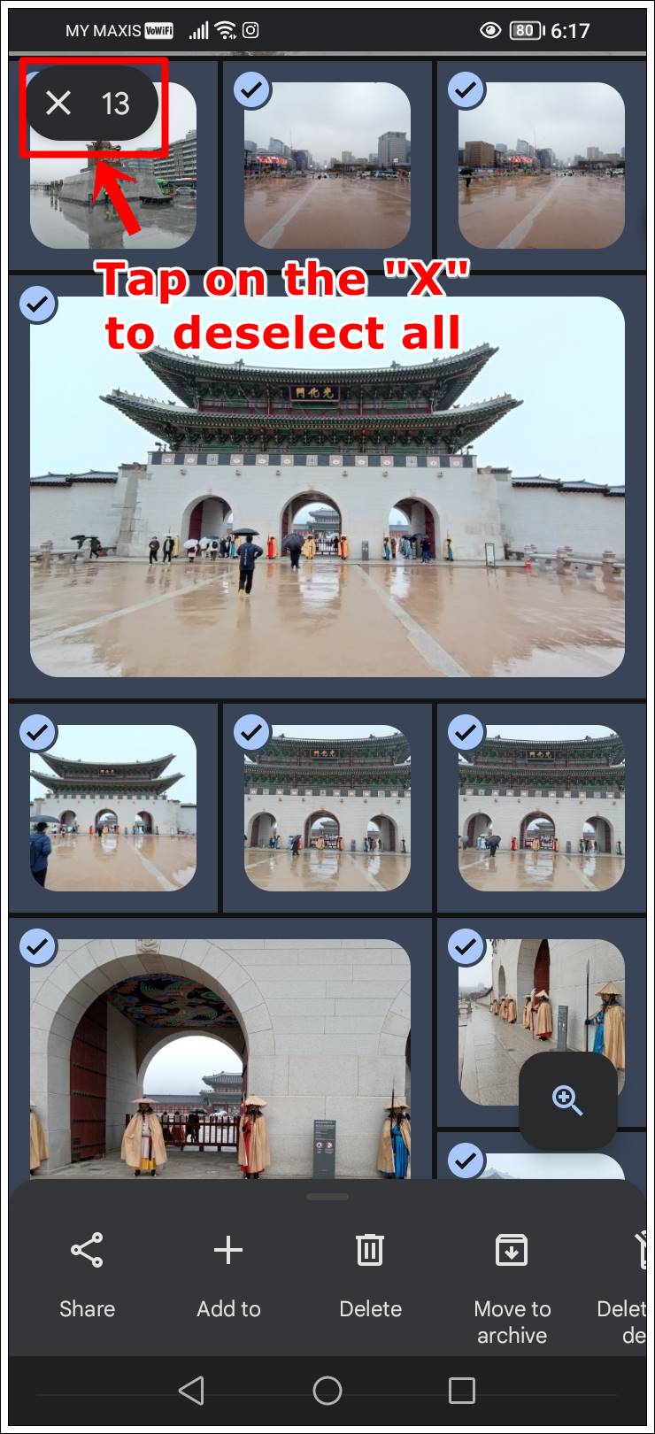 This screenshot from Google Photos on a mobile device displays several selected photos, each marked with a blue checkmark. The count of selected photos at the top left is highlighted, suggesting that tapping on the 'X' will deselect all the selected photos.