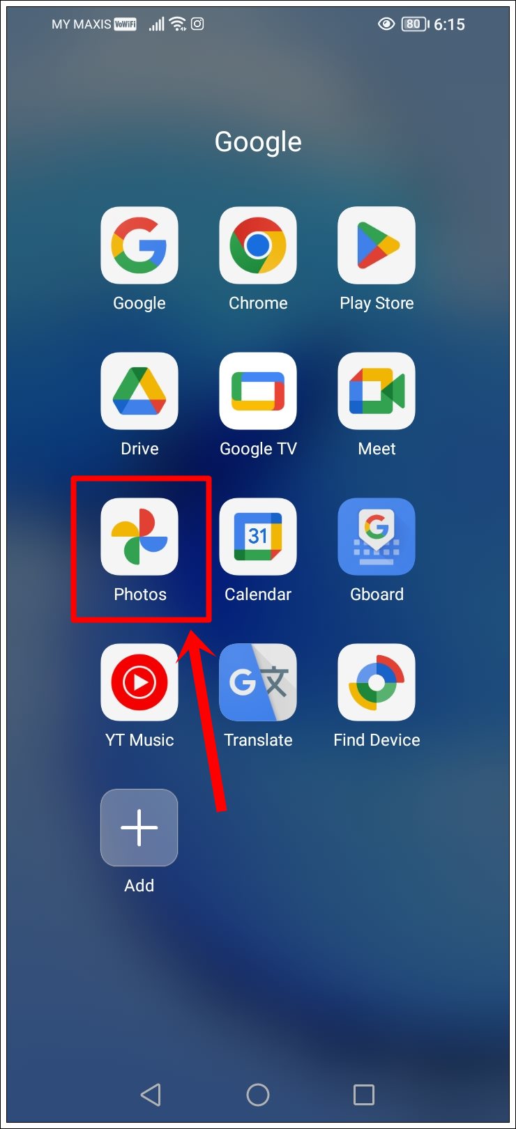 This is a screenshot from a mobile device, with the Google Photos app icon highlighted.