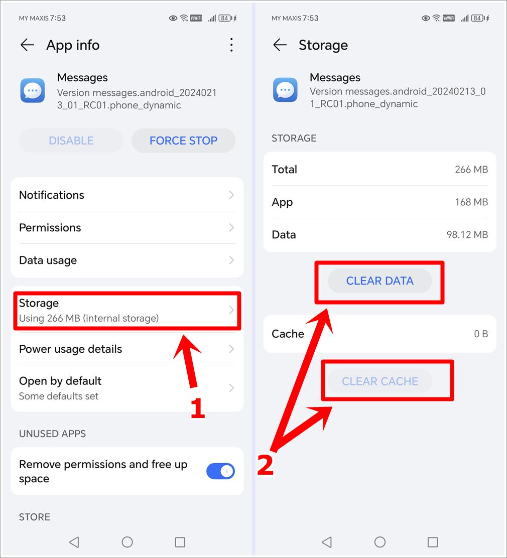 How to Fix Not Receiving Verification Codes Issue on Android and HONOR Phones: This image combines two screenshots from an Android phone. The first shows the 'Messages' App Info page with the 'Storage' option highlighted. The second displays the 'Messages' Storage page with both the 'Clear Data" and 'Clear Cache' buttons highlighted.